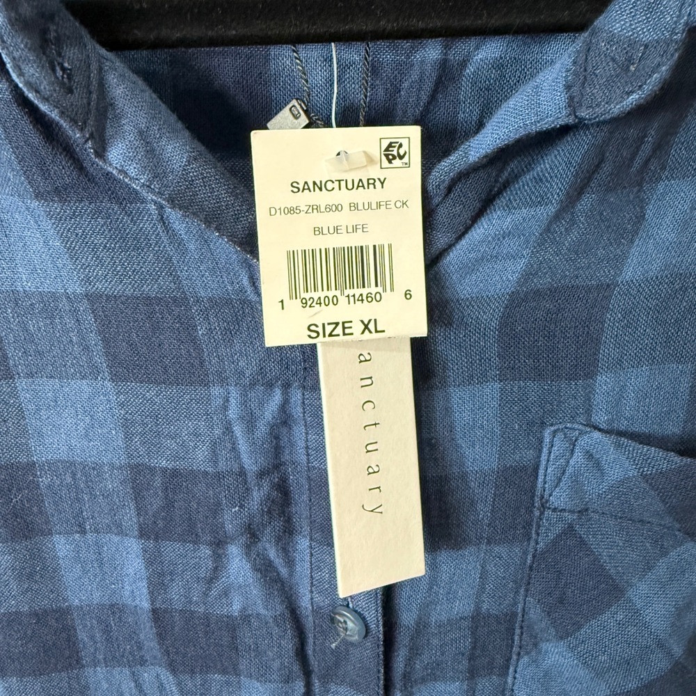Sanctuary Blue Plaid Linen Blend Wrap Shirt Dress XL Fall Dark Preppy Grunge NWT - Picture 4 of 7